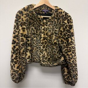 Joseph A. Teddy Cropped Jacket Womens Medium Cozy Animal‎ Leopard Print Faux Fur